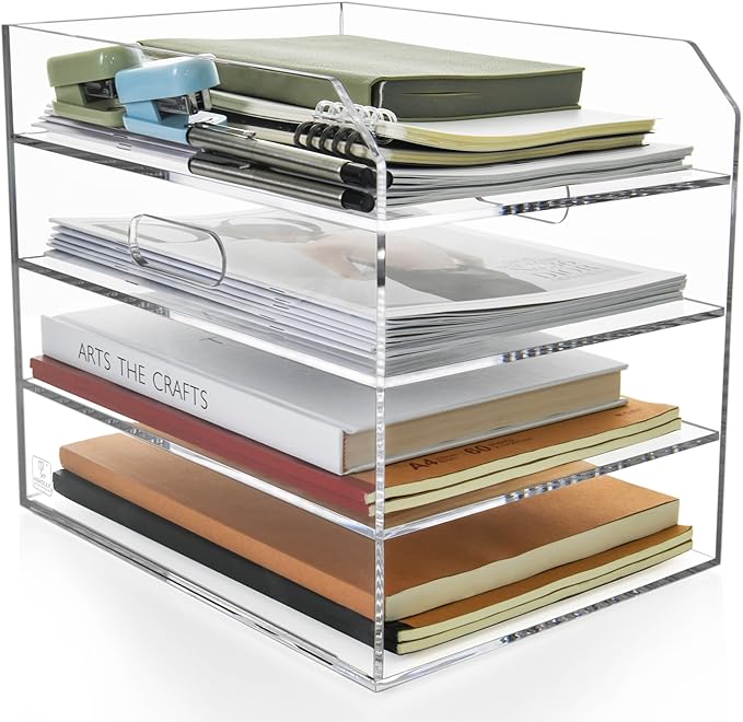 4 Tier Paper Organizer Letter Tray - Acrylic Tray Organizer for Desk, Paper Sorter Organizer for Letter/A4 Office File Folder Holder - Crystal-Clear File Organizer