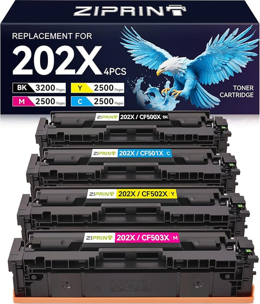 ZIPRINT Compatible Replacement for HP 202X 202A CF500X CF500A Toner Cartridge Compatible for HP Color Laserjet Pro MFP M281fdw M254dw M281cdw M281fdn M254dn M254nw M281 M254 Printer (B/C/Y/M,4-Pack)