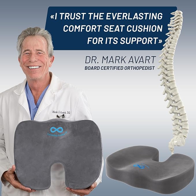 Everlasting Comfort Doctor Recommended Memory Foam Seat Cushion for Office Chairs & Car - Ergonomic Office Desk Accessories - Cushions for Tailbone Pain Relief, Sciatica (Gray, Large)