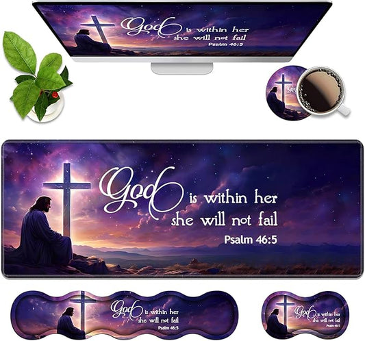 Ergonomic Memory Foam Mouse Pad Wrist Rest Set, Large Gaming Desk Pad + Keyboard Wrist Rest + Mouse Wrist Cushion + Coaster for Home Office Study Gaming, Christian Cross Quote Bible Verse Psalm 46:5