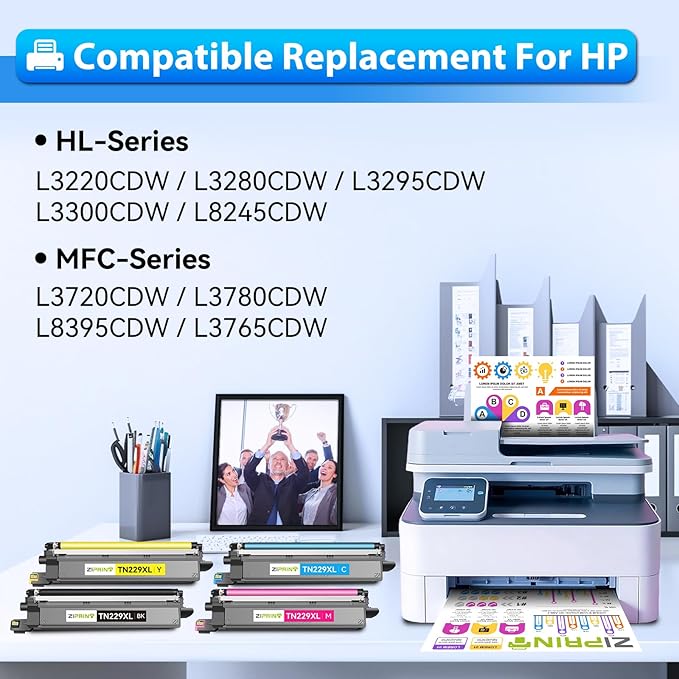 ZIPRINT TN229XL TN229 Toner 4 Pack Compatible Replacement for Brother TN229XL TN 229 Toner Cartridges for MFC-L3780CDW HL-L3280CDW MFC-L3720CDW HL-L3220CDW HL-L3300CDW HL-L3295CDW Printer
