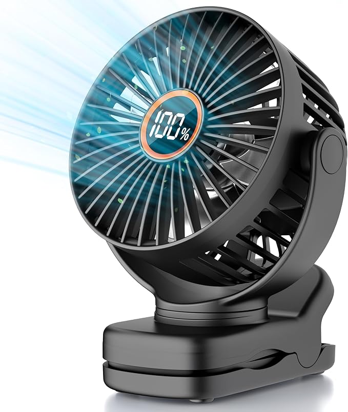 Mini Clip on Fan, Battery Operated Desk Fan, Digital display，3 Speeds Adjustable, Bidirectional 360 ° Adjustable, Super Strong Wind, Portable Fan for Home Office Stroller Camping Black