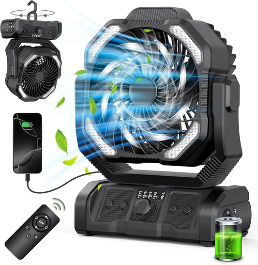 ONLYNEW Portable Camping Fan Rechargeable 20000mAh Battery Operated Oscillating Fan USB C Battery Powered with LED Lantern, Head Rotation,Timer, Remote Auto, Hook for Tents Travel Outdoor Beach Black