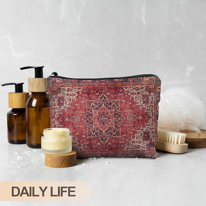 Traditional Red Rug Style Makeup Bag, Vintage Ethnic Pattern Cosmetic Bag Gifts for Women Friends, Boho Tapestry Pouch