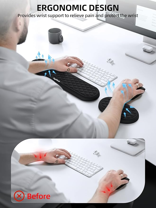 TopMade Upgraded Wider Wrist Rest Set, Soft Memory Foam Keyboard Hand Rest Pad, Computer Ergonomic Keyboard Mouse Wrist Support for Typing Pain Relief, Comfort for Office, Gaming, Study, Black