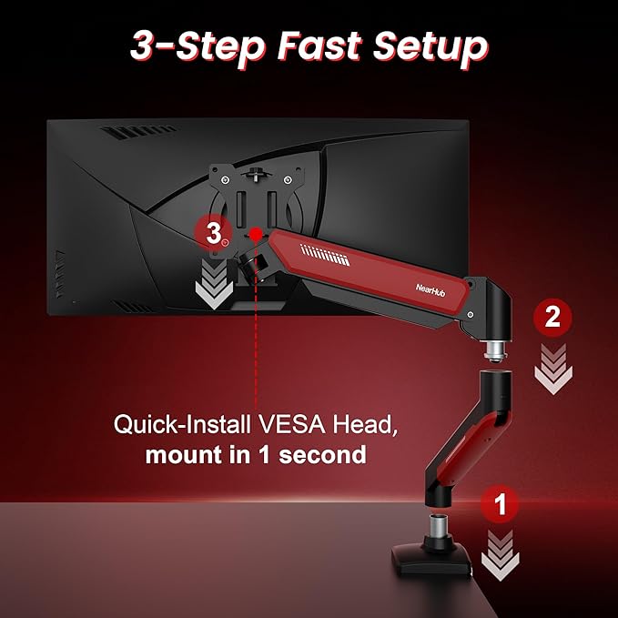 NearHub Gaming Monitor Mount for Computer Screen 13-32" and up to 22 lbs,360° Rotation,+90° to -45° Tilt,180° Swivel,with C Clamp and Grommet Base,Integrated Cable Management,75x75/100x100 VESA,RED
