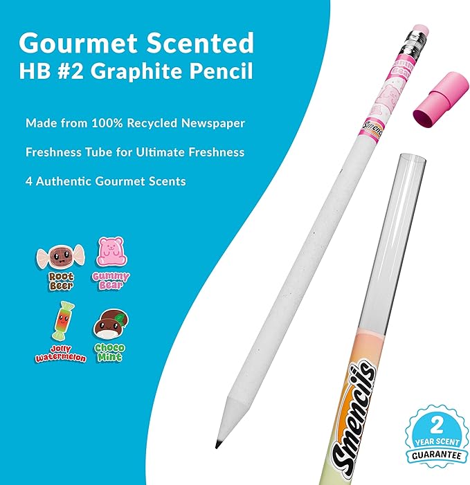 Smencils Candy Conter Scented Pencils – HB #2 Graphite Pencils Made from Recycled Newspapers, 4 Pack, Long-Lasting Gourmet Scents, Fun School Supplies & Gifts for Kids, Teachers, Classroom Rewards