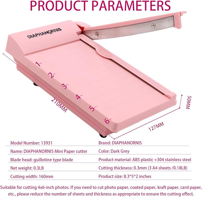 Mini Paper Trimmer, Guillotine Compact Paper Cutter, 1/4-Inch Grid for Precision Cutting, Straight Cuts Up to 3 Sheets, Perfect for Photos,Coupons,Card Making and Small Craft Projects (Pink)