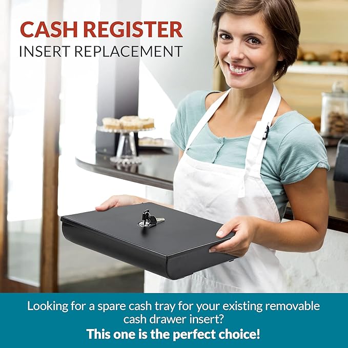 Volcora Cash Drawer Tray with Locking Cover - 11.7 x 10.3 x 2.3 Inch Metal Cash Lock Box with Lid - 4 Bill/5 Coin Money Organizer for Volocara 13" Fully-Removable Cash Drawers - For Business Use