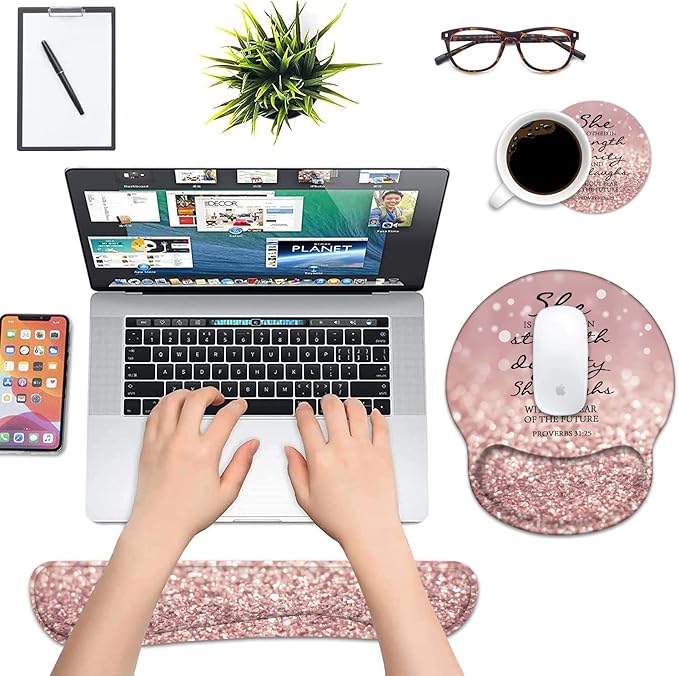 Keyboard Wrist Rest and Mouse Pad Wrist Support Set with Coasters, Bible Verse Proverbs 31:25 Wrist Mouse Pad with Non-Slip PU Base for Home Office Working Studying Easy Typing & Pain Relief