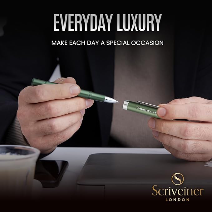 Scriveiner Personalized Green Rollerball Pen, Chrome Finish for Men & Women, Custom Engraving