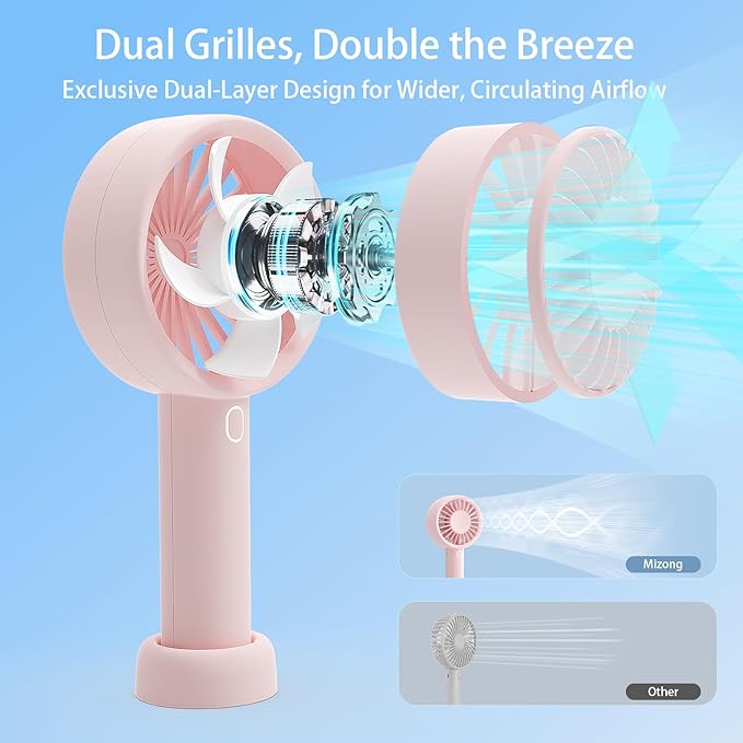 Portable Handheld Fan, USB Personal Fan Rechargeable Battery Operated 10H Working Cooling Time Mini Small Design with Base for Desktop/Travel/Outdoor/Vacation/Concerts/Lash Makeup-Pink