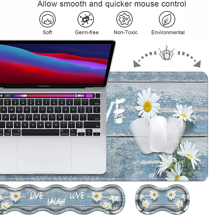 Ergonomic Keyboard Wrist Rest and Mouse Pad Wrist Rest Set,Dreamy Daisy Vintage Wood Board Live Laugh Love Large XXL Gaming Desk Mat 31.5"x 11.8",Non-Slip Base, Memory Foam,Easy Typing Pain Relief