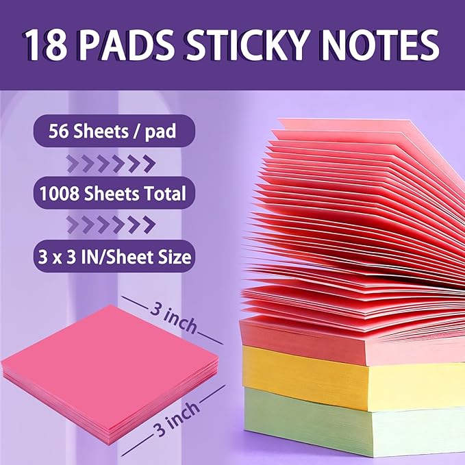 (18 Pads) Sticky Notes 3x3 inch, Self-Stick Note Pads, 18 Colorful Sticky Note for School Supplies or Office Supplies