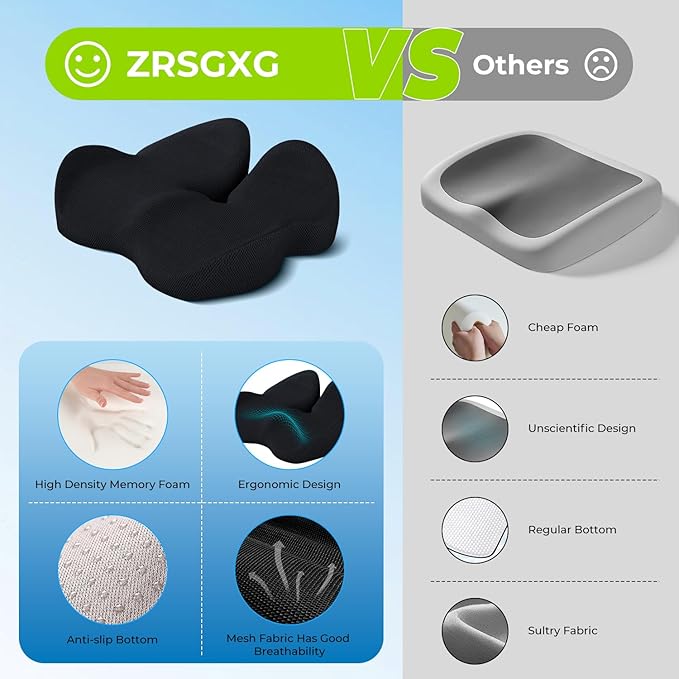 Seat Cushion,Office Chair Cushion for Sciatica,Ergonomic Memory Foam Seat Cushion for Car,Coccyx Cushion,Sciatica & Back Support,19" x 16" All Day Comfort Black Chair Cushion