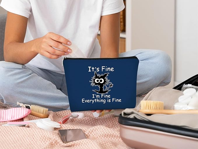 Its Fine Im Fine Everythings Fine Navy Blue Makeup bag for Women,Cat Small Make Up BagTravel Toiletry Bag for Men,Navy Blue Cat Small Pouch, Funny Cosmetic Bag Zipper Bag Birthday Gift