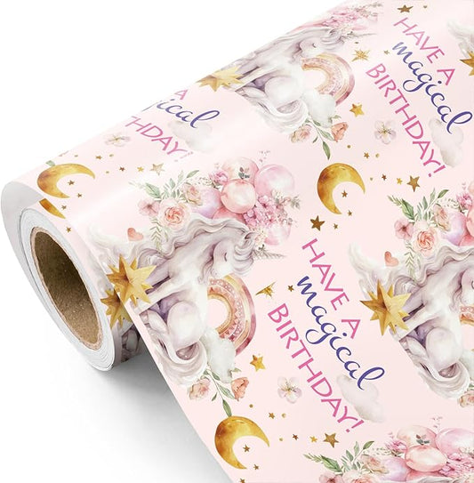 WRAPAHOLIC Unicorn Birthday Wrapping Paper Roll - Mini Roll - 17 Inch x 16.5 Feet - Fairy Land Watercolor Unicorn Wrapping Paper for Kids Girls Birthday, Baby Shower