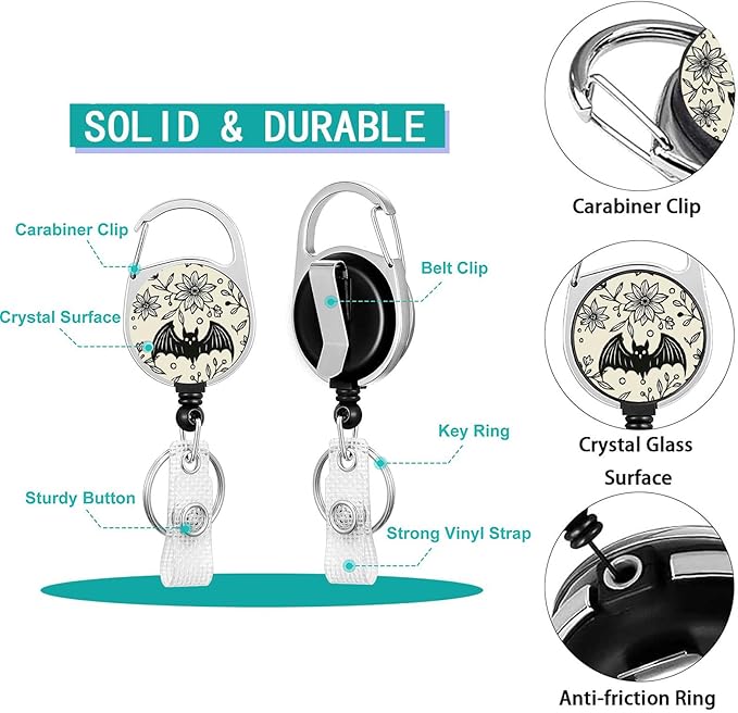 Halloween Lanyards for Id Badges, Goth Bat Floral Badge Holder with Retractable Carabiner Reel Clip, Adjustable Teacher Lanyard with Id Holder，ID Name Tag Work Badge Holder Teacher Nurse