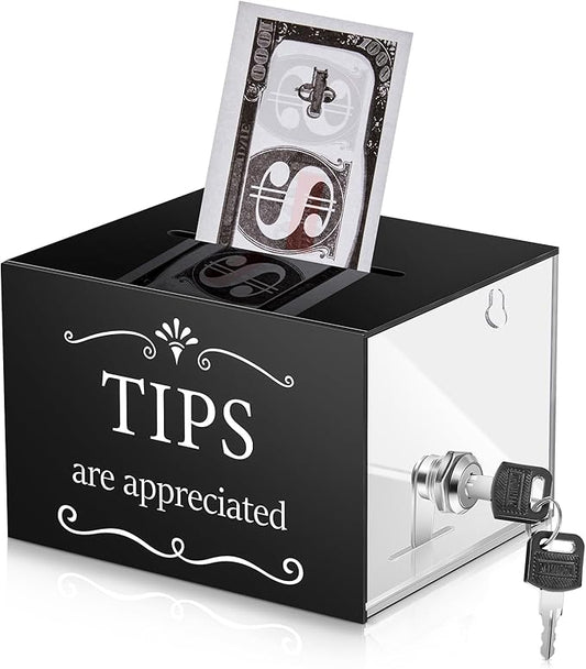 Vesici Tip Jars for Money 6 x 4 x 5 Inch Acrylic Tip Collection Box with Lock Donation Suggestion Box for Tip Storage Container Raffling Box for Bartender Bars, Musicians Restaurants Driver