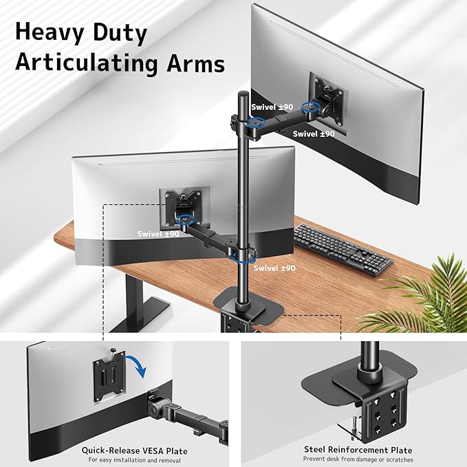 Vertical Dual Monitor Stand for Two 17-49'' Screens, Holds up to 44 lbs, WORLDLIFT Stacked Dual Monitor Mount with 31.7'' Long Pole, VESA 75/100mm