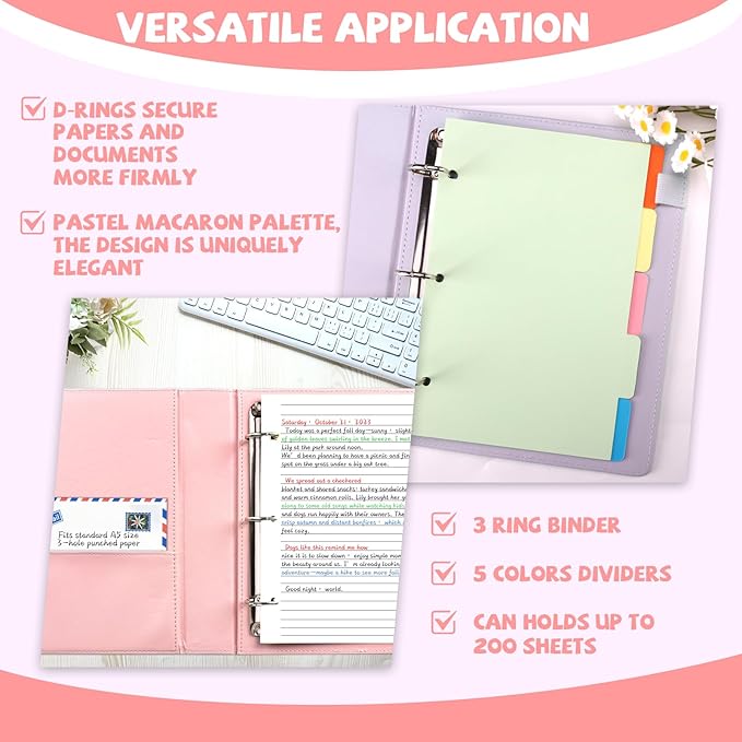 2 Pack Mini Size 3 Ring Binder 5 Colors Dividers Pu Leather Binders 7.7" X 9.3" Holds 200 Sheets Paper Three Ring Binder DRing Purple Pink with Pen Loop 1 Pockets School Office (Purple&Pink)