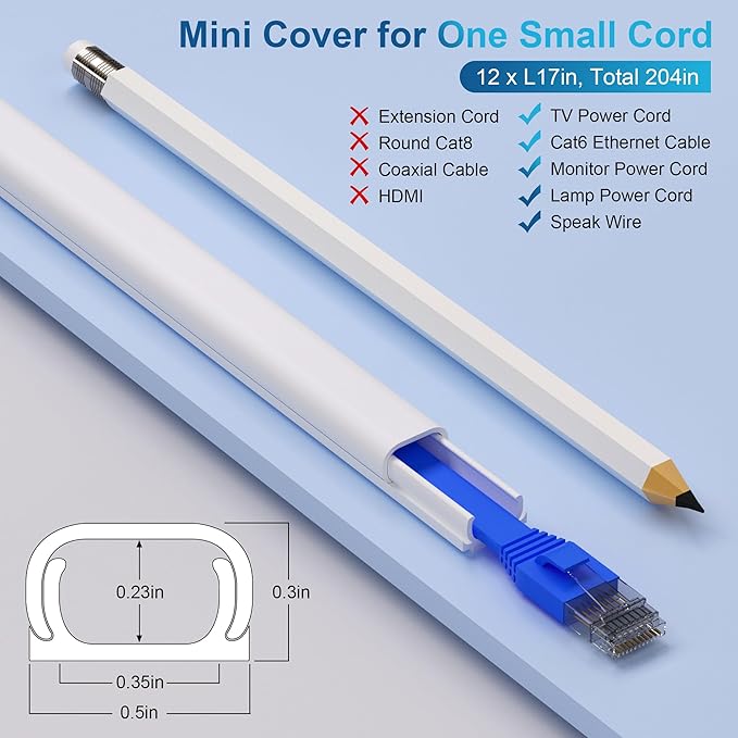 ZhiYo 204in Cord Covers for Wires on Wall, One Small Cord Hider Wall, Self-Adhesive TV Cable Hider, Paintable Wire Covers for Cords, White Cable Management Raceway Kit, 12x L17in W0.5in H0.3in