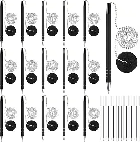 Security Pen Set with Bead Chain and Pen Holder, Desktop Pens with Chains, Blank Ink Refills for Office Bank Supplies, Black (64 Pieces)