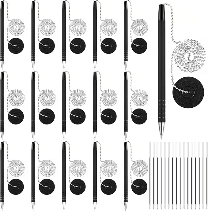 Outus 32 Pieces Security Pen Set with Bead Chain and Pen Holder, Desktop Pens with Chains, Blank Ink Refills for Office Bank Supplies, Black