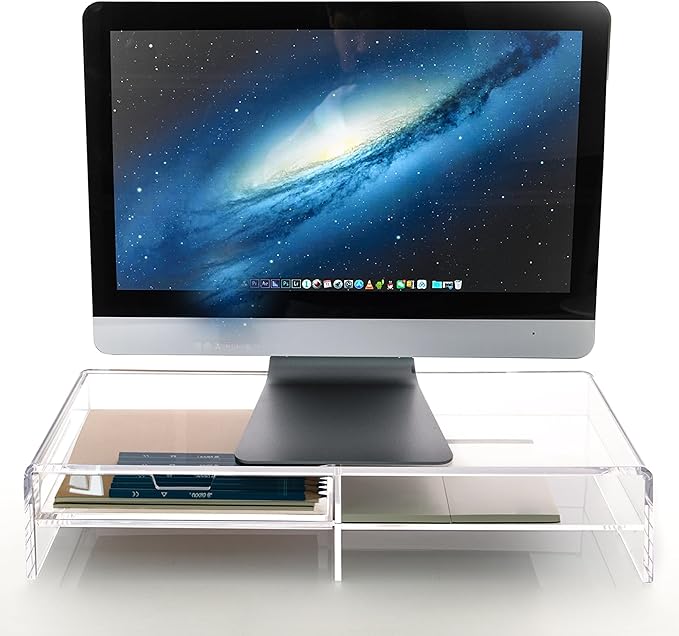 20" Crystal Clear Acrylic Monitor Stand Riser - Fits iMac/Printer/TV, Ergonomic 3" Elevation w/Sliding Drawer Storage, Sleek Desk Organizer for Home Office