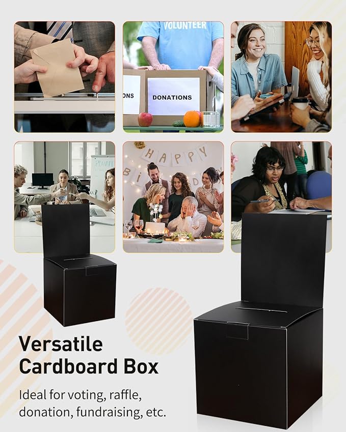 Uniclife 6 Pack Ballot Box with Slot 6" x 6" x 6" Suggestion Box Raffle Boxes Donation Boxes for Fundraising Black Cardboard Boxes with Removable Header for Business Voting Collecting Card Charity