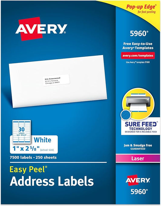 Avery Easy Peel Printable Address Labels with Sure Feed, 1" x 2-5/8" Customizable Stickers, White, 7,500 Blank Mailing Labels, Great for Mailing, Shipping, and More (5960)