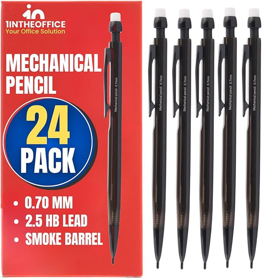 1InTheOffice Mechanical Pencils 0.7mm, #2.5, HB Lead, Black Lead, Smoke Barrel 24 Pack