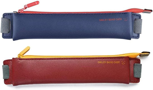 LuFOX 2-Pack PU Leather Pen Pencil Pocket Case Sleeve Holder Pouch with Elastic Band for Book Notebook Bible (Dark Blue+burgundy)