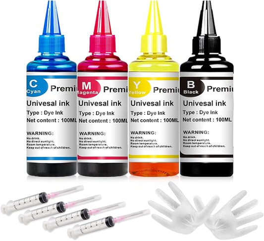 Universal Ink Refills Kit Dye Ink Refill Kit Compatible for HP Canon Epn Brother Samsung Dell Kodak Inkjet Printers Compatible Cartridges Refillable Cartridge CISS CIS System 4 Color Set