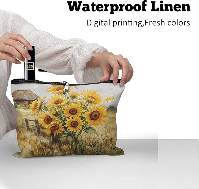 Cafl Sunlit Barnyard Makeup Bag Sunflower Field Cosmetic Bag for Women Large Capacity Make Up Bag Portable Travel Toiletry Pouch Organizer 10 * 8inch