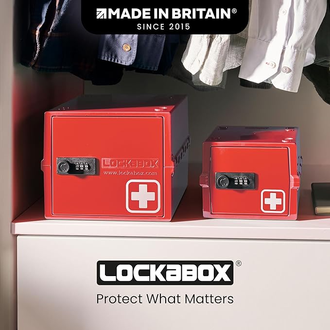 Lockabox Mini™ | Small Medicine Lock Box with Combination Lock (Half Letter Sized) | Mini Medical Lockable Box For Tablets, Creams & Medical Pens | External Size 8.8 x 6.1 x 4.7 Inches (Medi Red)