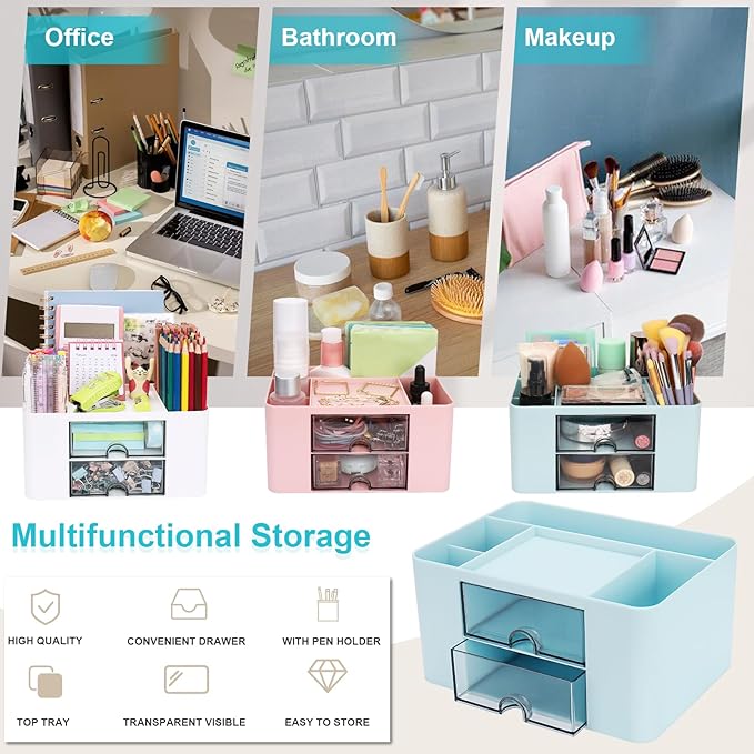 Plastic Pen Organizer, Multifunctional Desk Organizer with 2 Drawers, 4 Compartments & a Top Tray, Pencil Holder Desktop Organizers and Accessories for Office, 7.7" x 5.5" x 3.9" (Blue)