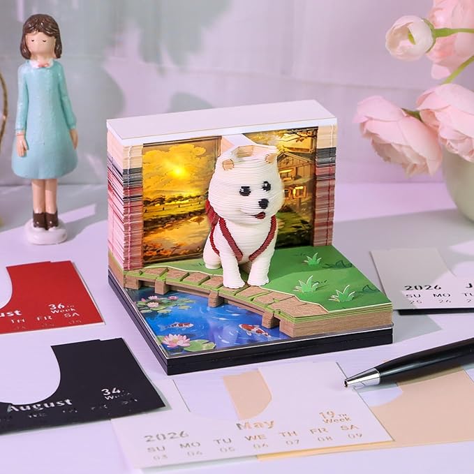 3D Calendar 2026, Timepiece Calendar 2026 with Memo Pad Notepad, Creative Weekly Planner Desk Decoration, Tear-Away 3D Artsy Pads, New Year Gift for Home Office (Battery NOT Included) (Puppy)