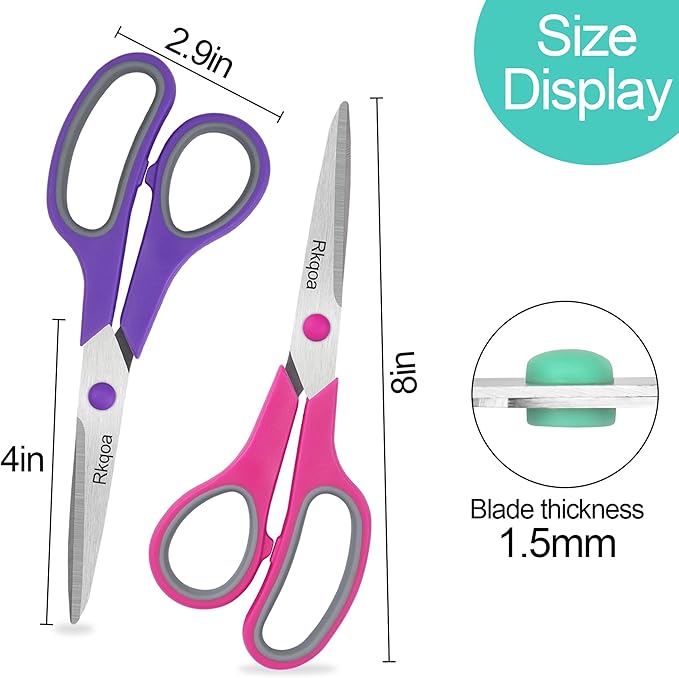 Scissors, Rkqoa 8" All Purpose Office Scissor 6 Pack - Comfort-Grip Sharp Shears for Office School House Sewing Fabric Crafts Arts Desk Classroom Supplies, Teacher/Class Scissors