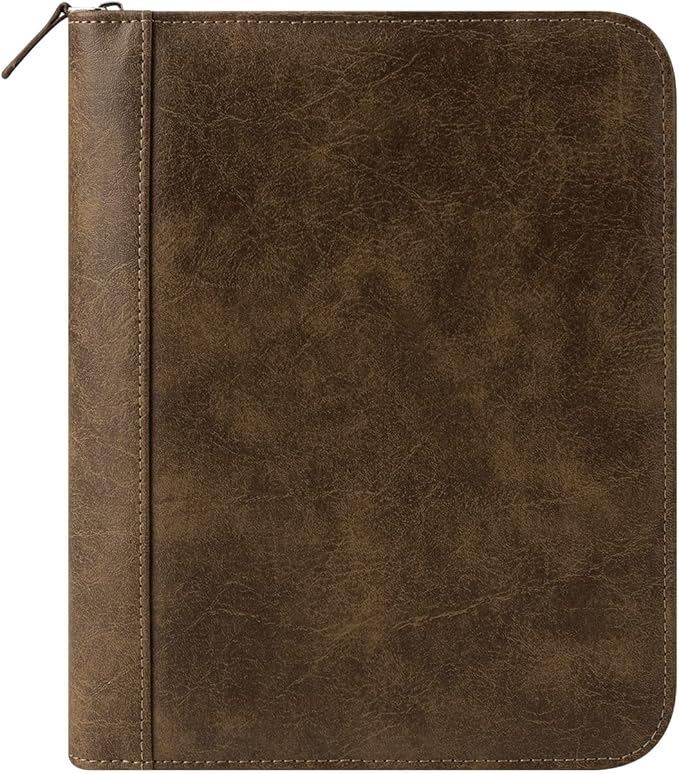 FranklinCovey - FC Basics Ring-Bound Binder for FranklinCovey Planners | Distressed Simulated Leather - Zipper Binder (Classic, Brown)