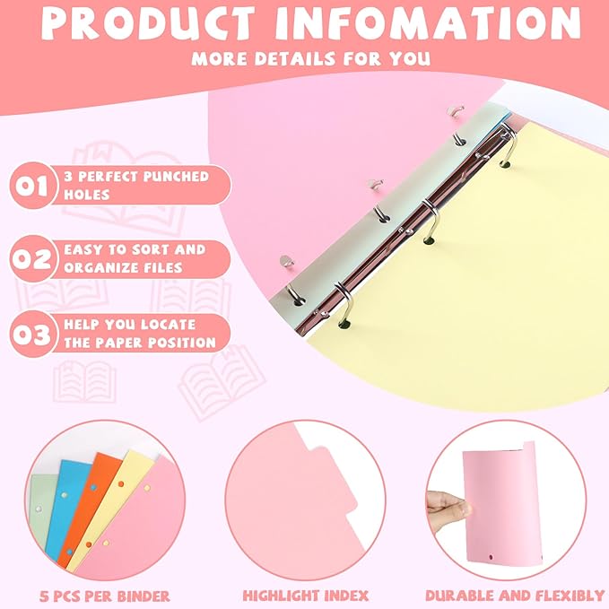 2 Pack Mini Size 3 Ring Binder 5 Colors Dividers Pu Leather Binders 7.7" X 9.3" Holds 200 Sheets Paper Three Ring Binder DRing Purple Pink with Pen Loop 1 Pockets School Office (Purple&Pink)