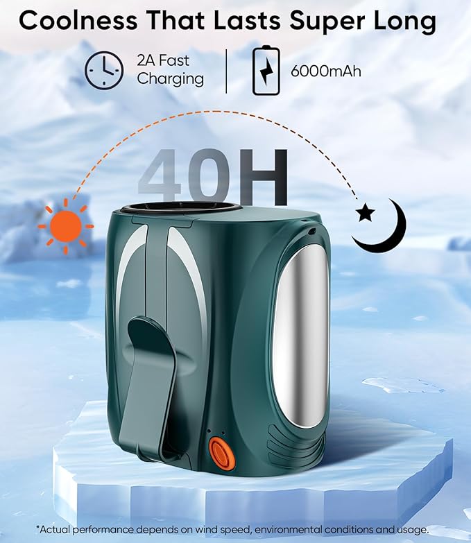 AI Portable Waist Fan, 6-Speed 16000RPM Strong Turbo Airflow, 40H Max Cooling Battery Powered Personal Fan Rechargeable, Hands-Free for Work, Outdoor, Travel, Gift for Men - Green