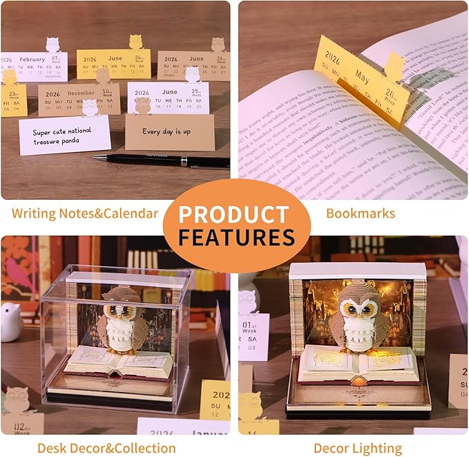 3D Calendar 2026, Timepiece Calendar 2026 with Memo Pad Notepad, Creative Weekly Planner Desk Decoration, Tear-Away 3D Artsy Pads, New Year Gift for Home Office (Battery NOT Included) (Owl)