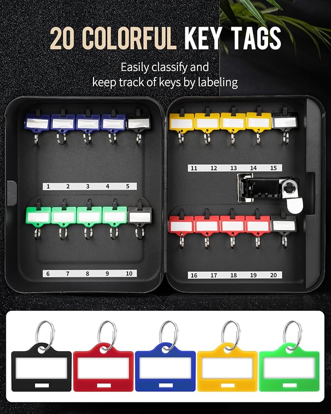 Uniclife 20 Position Key Cabinet with Combination Lock Resettable Black Digital Security Storage Box Steel Key Organizer with Colorful Key Tag Labels Stickers and Hooks