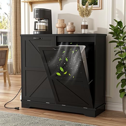 Double 13 Gallon Tilt Out Trash Can Cabinet, Farmhouse Wooden Hidden Trash Can Cabinet with Deodorizing Function for Kitchen Living Room, Black