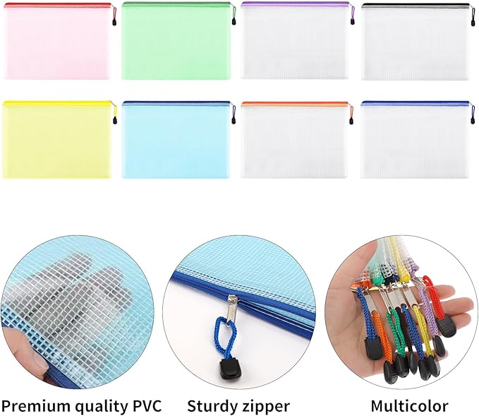 EOOUT 16pcs Mesh Zipper Pouch, Puzzles, Board Game Storage Bags for Organizing, Waterproof Zip File Bags, Letter Size, Suitable for A4 Size, for School Office Supplies, Storage Bags, 8 Colors