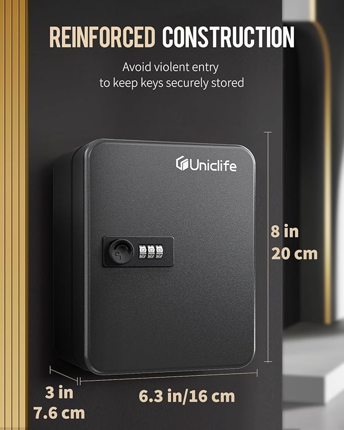 Uniclife 20 Position Key Cabinet with Combination Lock Resettable Black Digital Security Storage Box Steel Key Organizer with Colorful Key Tag Labels Stickers and Hooks