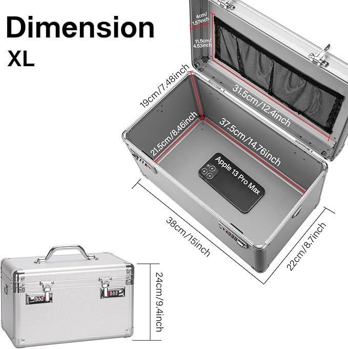 Large Lock Box - 15.1x8.7x9.4 Inch Lockable Security Storage Case with Combination Lock, Locking Medicine Box for Personal Items, Passports and Pills, Lockbox for Home Office, Silver