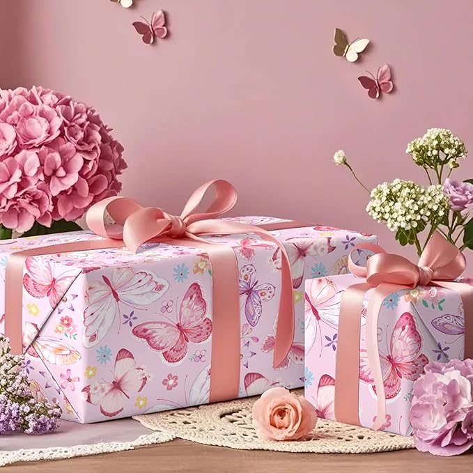 WRAPAHOLIC Pink Butterfly Wrapping Paper Roll - Mini Roll - 17 Inch x 9.8 Feet - Fantasy Floral Butterfly Design, Perfect for Birthday, Wedding, Bridal Shower