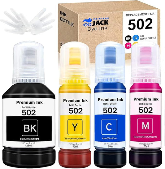Printers Jack Compatible 502 T502 Refill Ink Bottles Replacement for EcoTank ET-2750 ET-3750 ET-4750 ET-2760 ET-3760 ET-4760 ET-2700 ET-3700 ET-3710 ET-15000 ST-2000 ST-3000 ST-4000 Printer